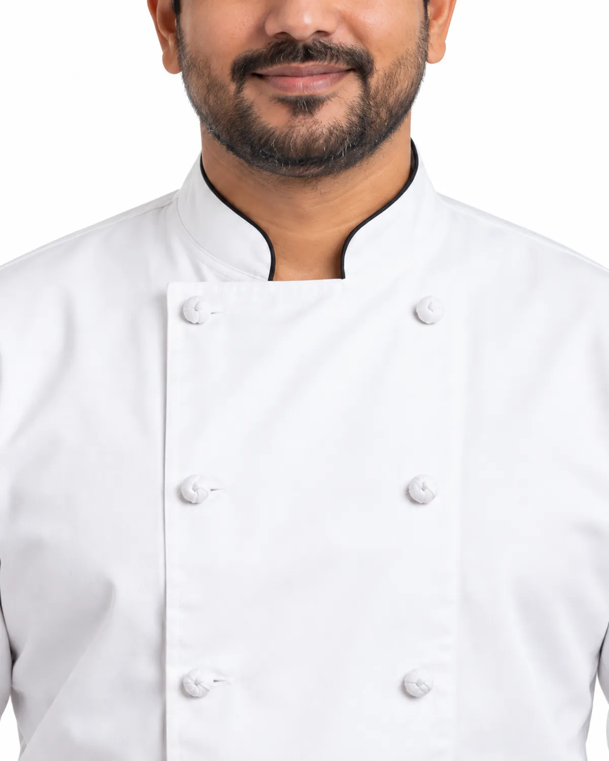 Double-Breasted Chef Coat uniform, White, men's collar view, Cohorg