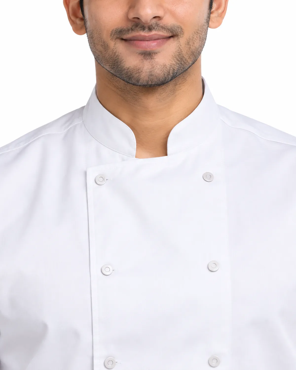 Short-Sleeve Chef Coat uniform, White, men's collar view, Cohorg