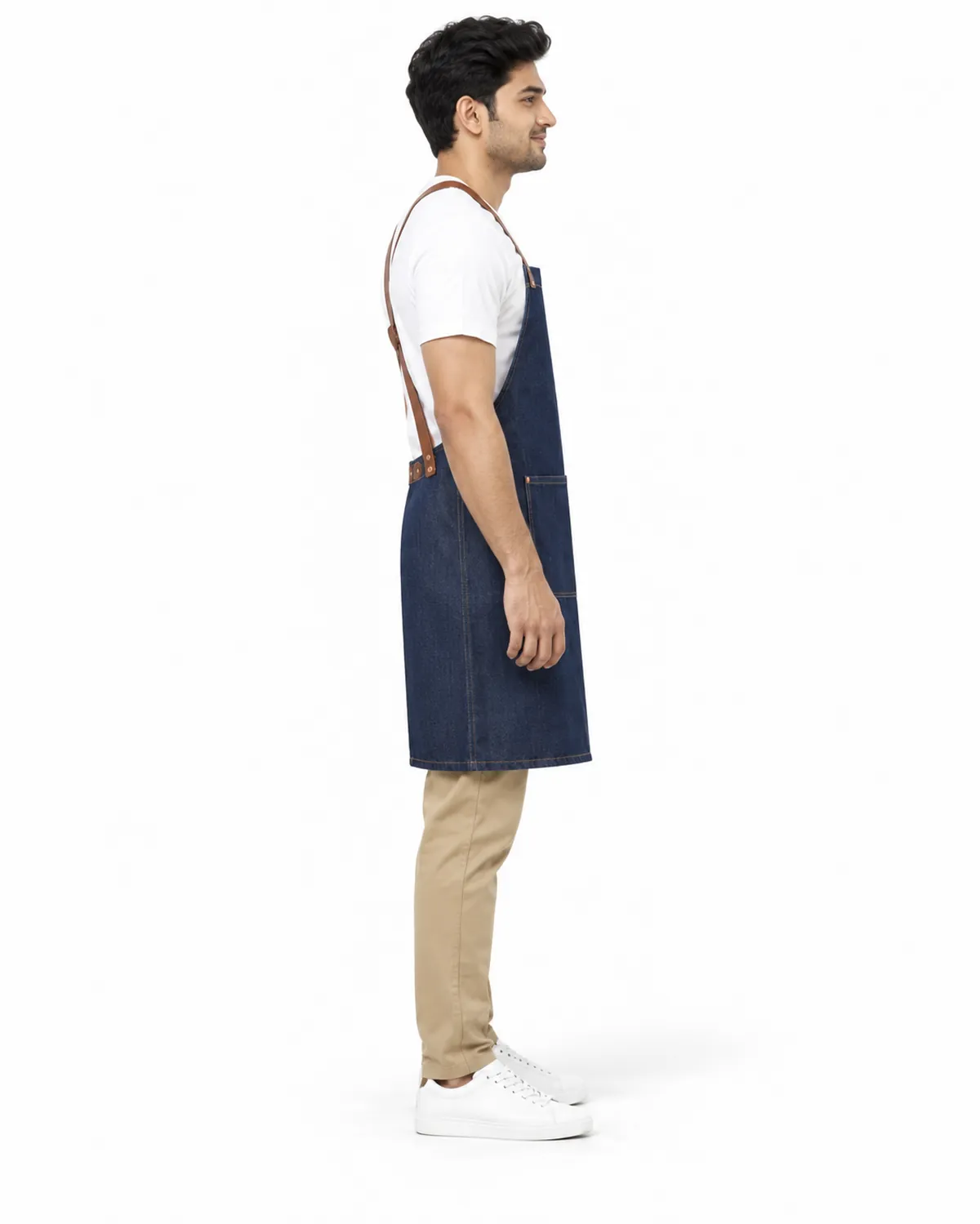 Bib Apron uniform, Indigo Denim, men's side view, Cohorg