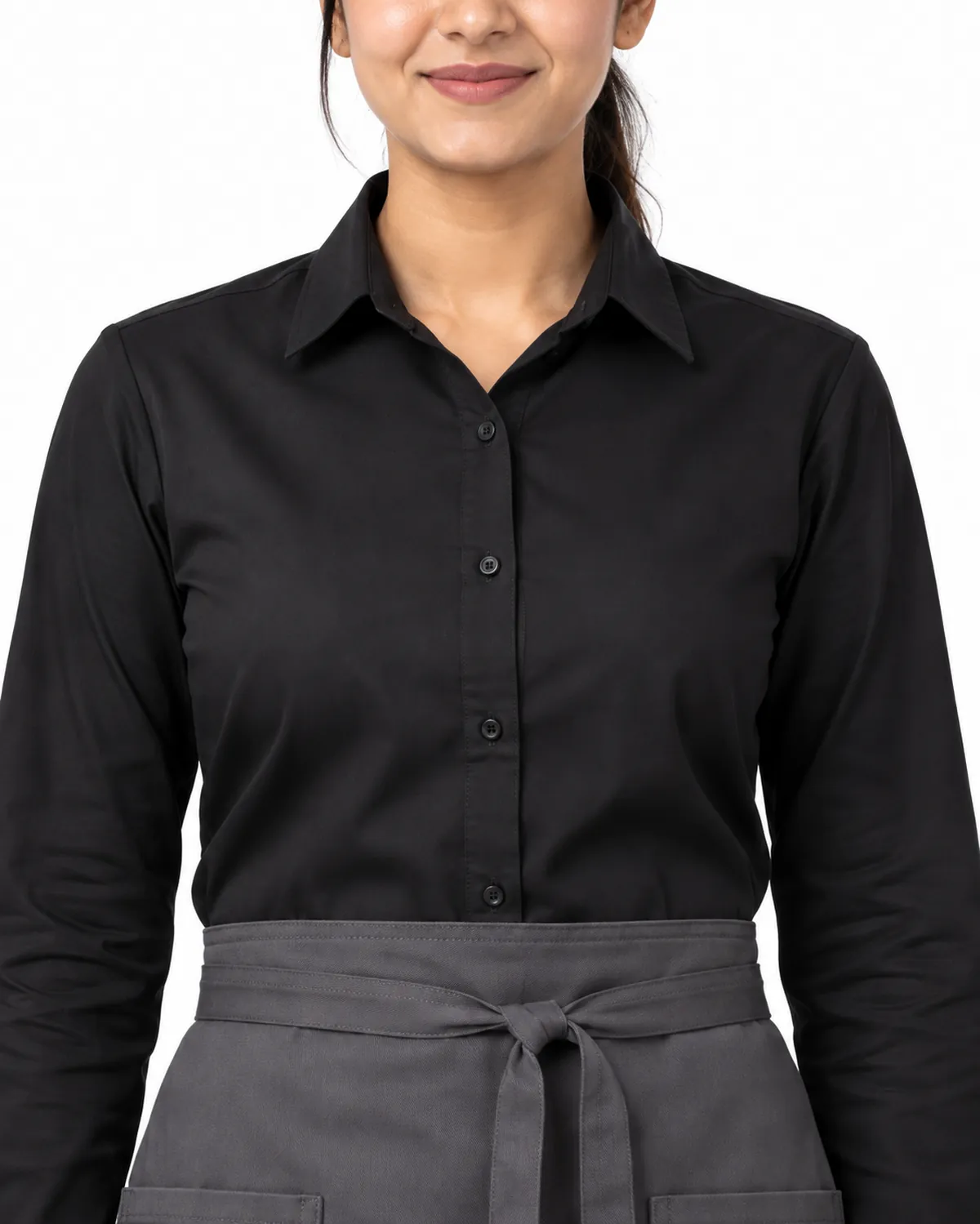 Bistro Waist Apron uniform, Charcoal, women's collar view, Cohorg
