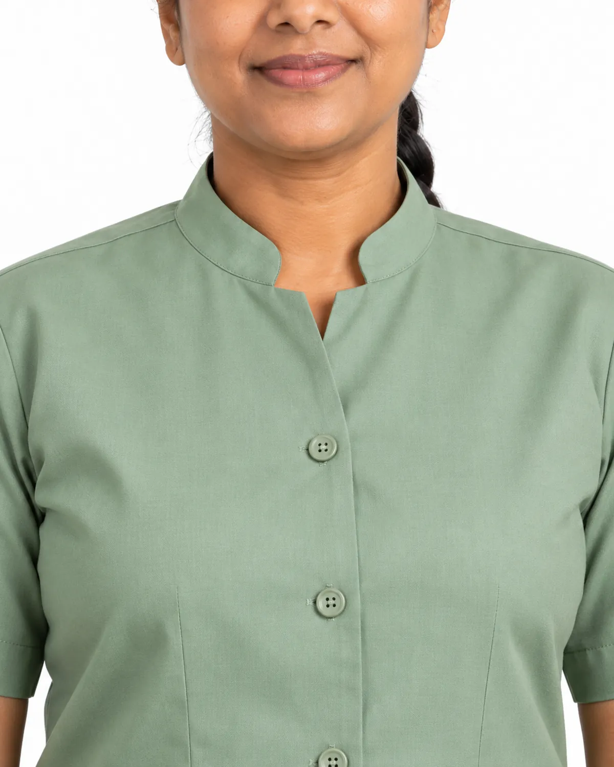Housekeeping Tunic uniform, Sage Green, women's collar view, Cohorg