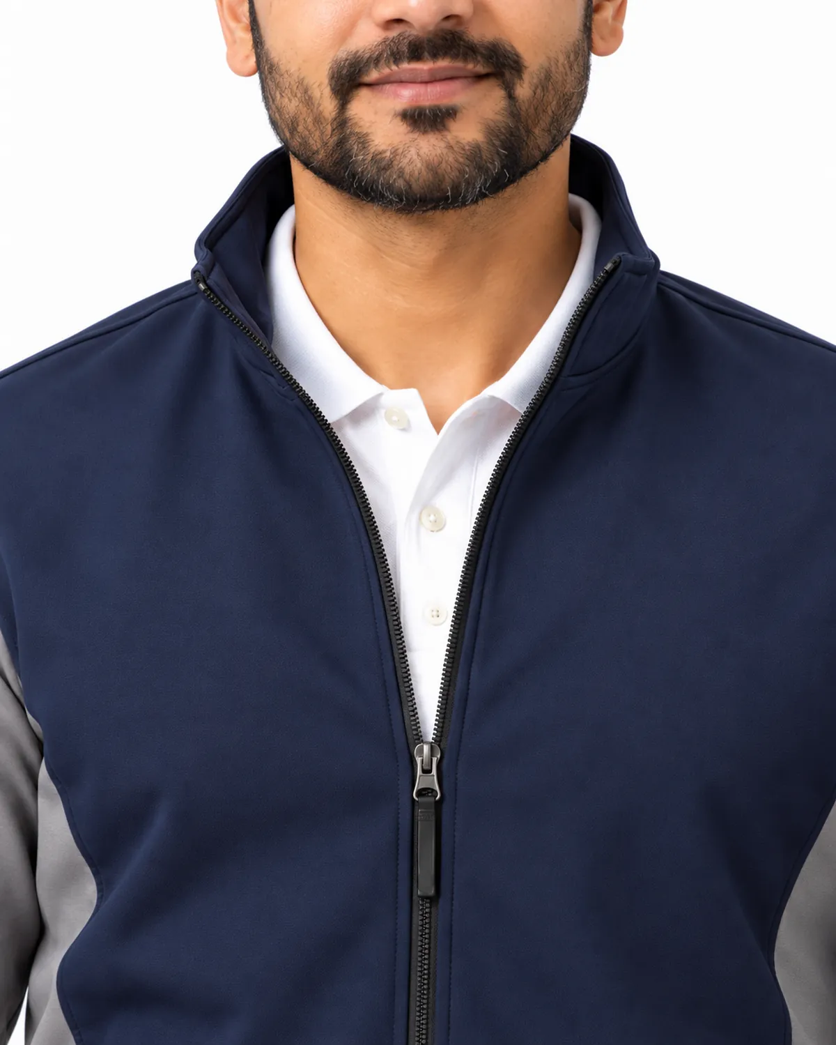 Softshell Jacket uniform, Navy Grey, men's collar view, Cohorg