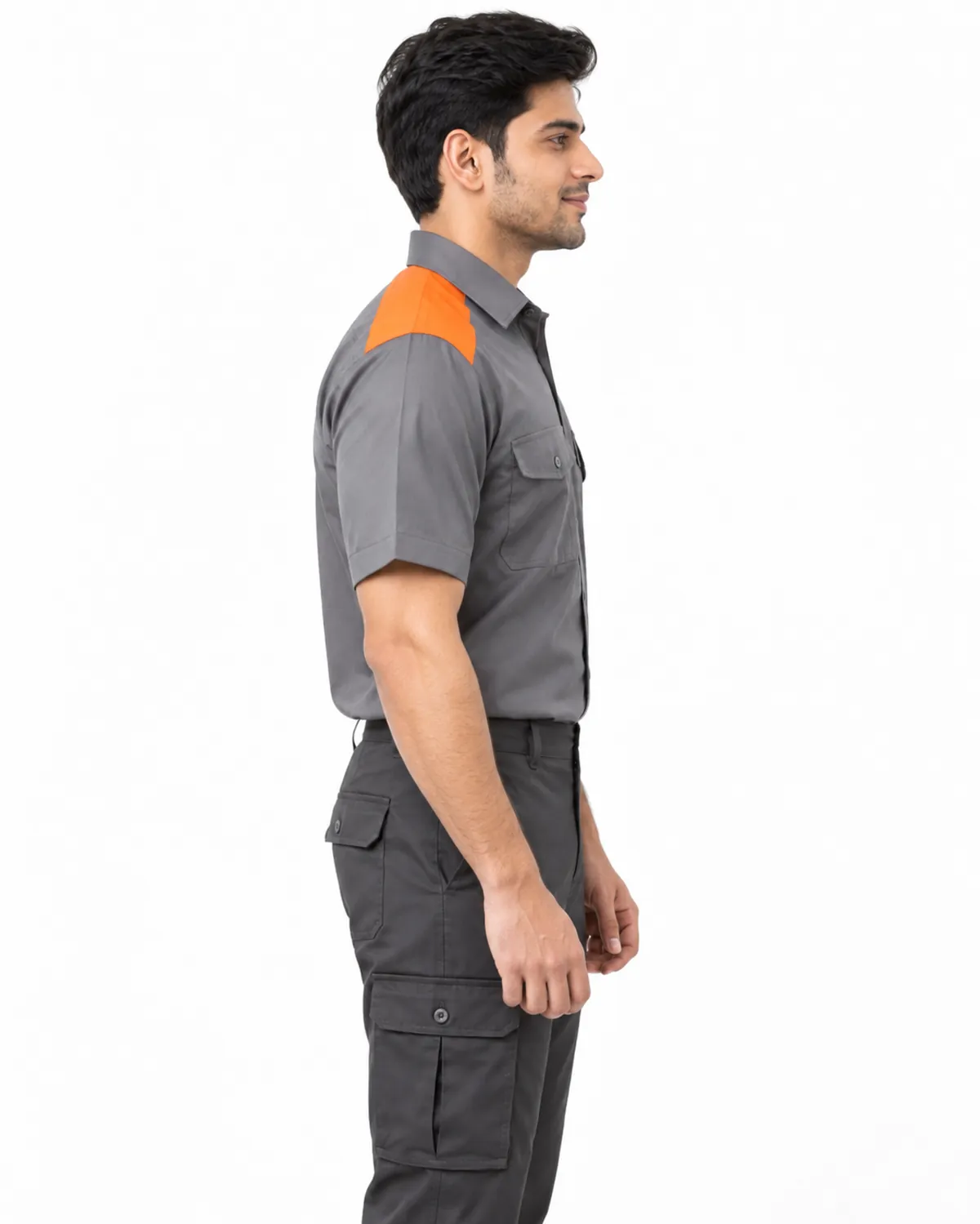 Two-Tone Work Shirt uniform, Grey Orange, men's side view, Cohorg
