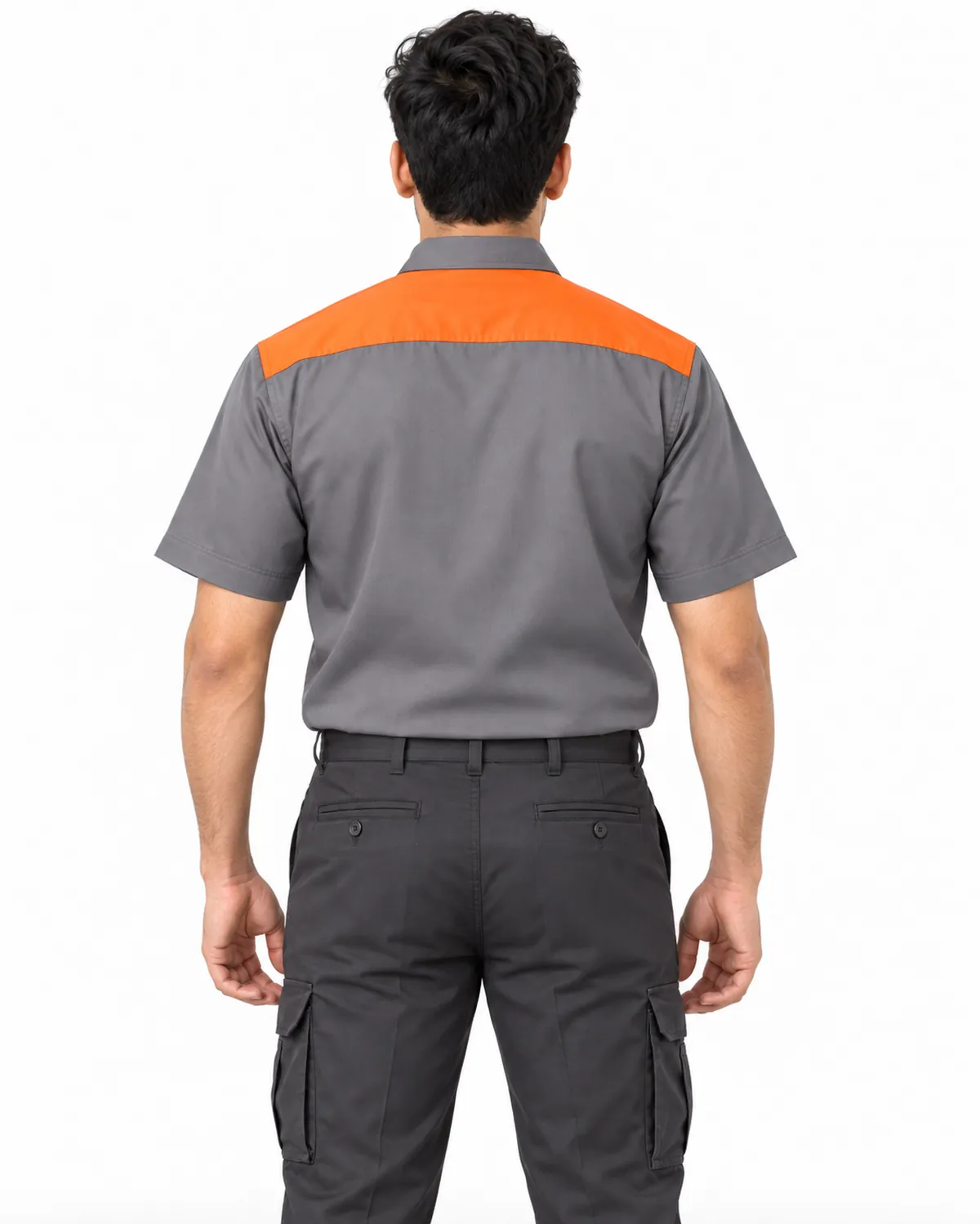 Two-Tone Work Shirt uniform, Grey Orange, men's back view, Cohorg
