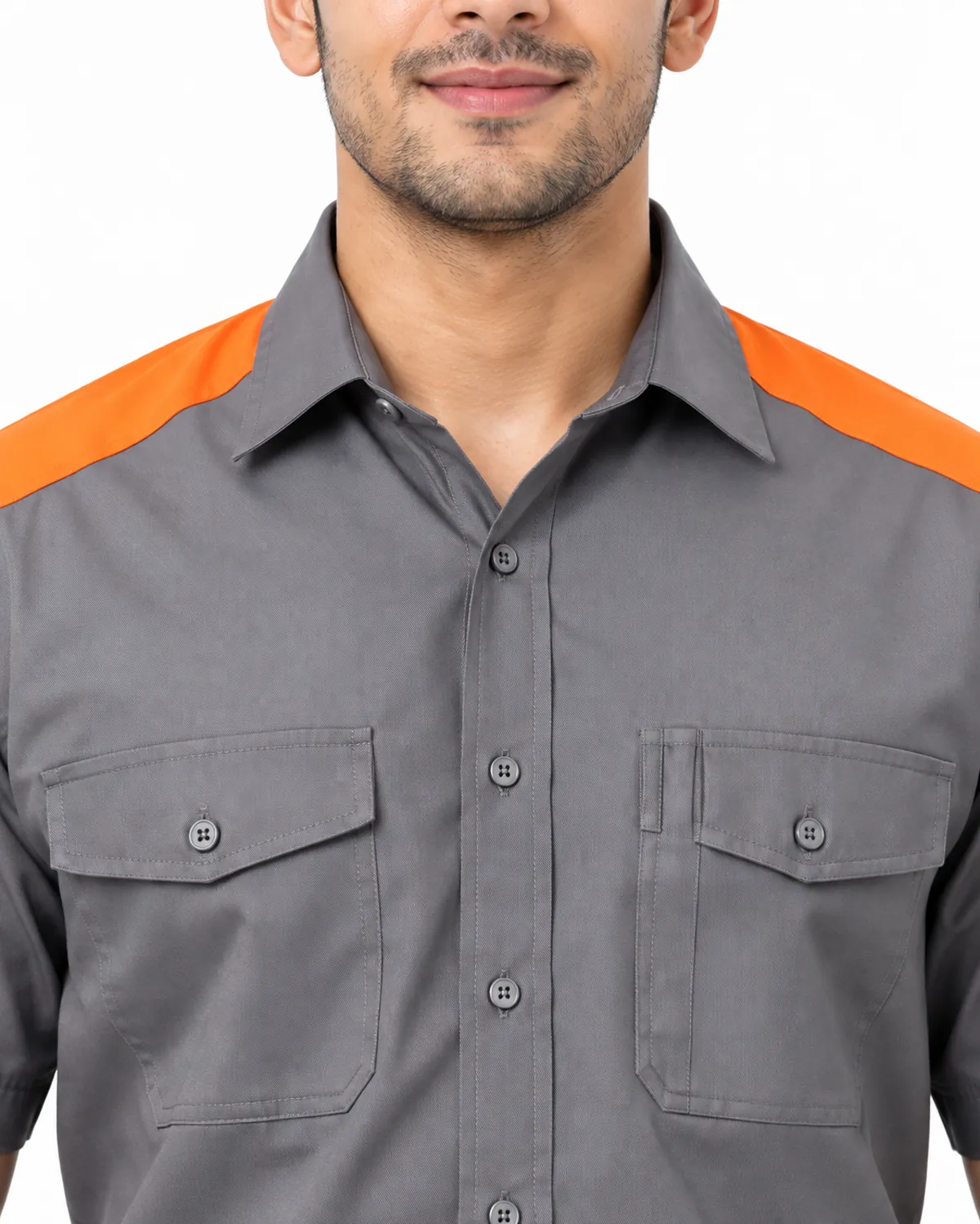 Two-Tone Work Shirt uniform, Grey Orange, men's collar view, Cohorg