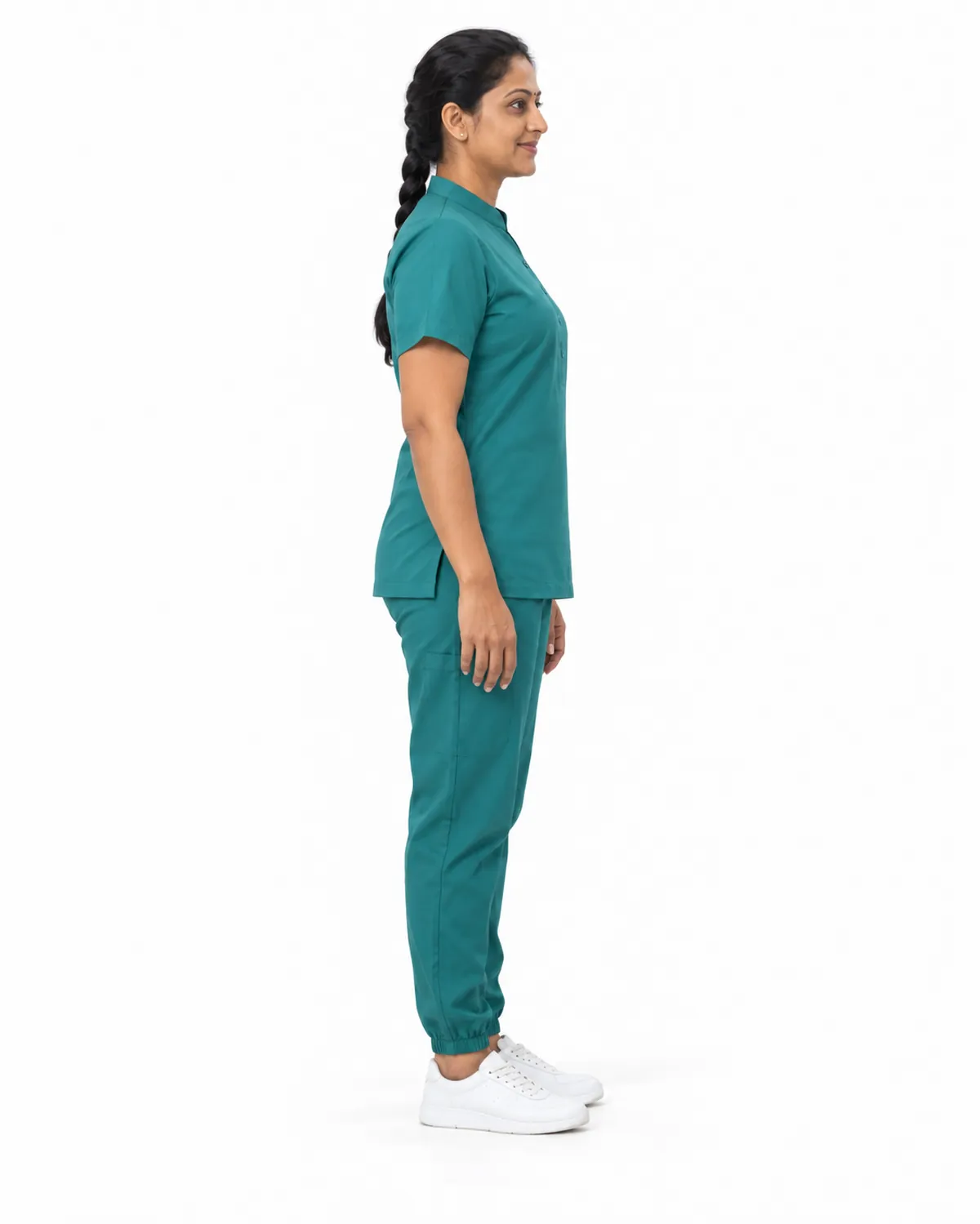 Mandarin Scrubs uniform, Teal, women's side view, Cohorg