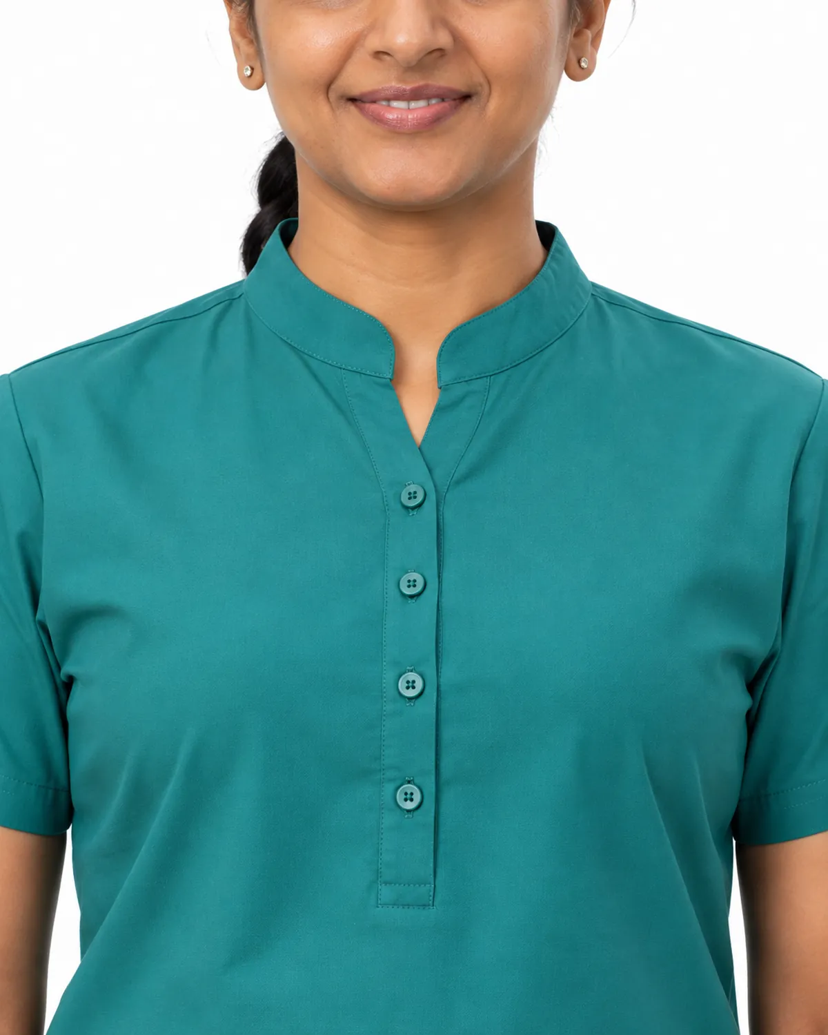 Mandarin Scrubs uniform, Teal, women's collar view, Cohorg