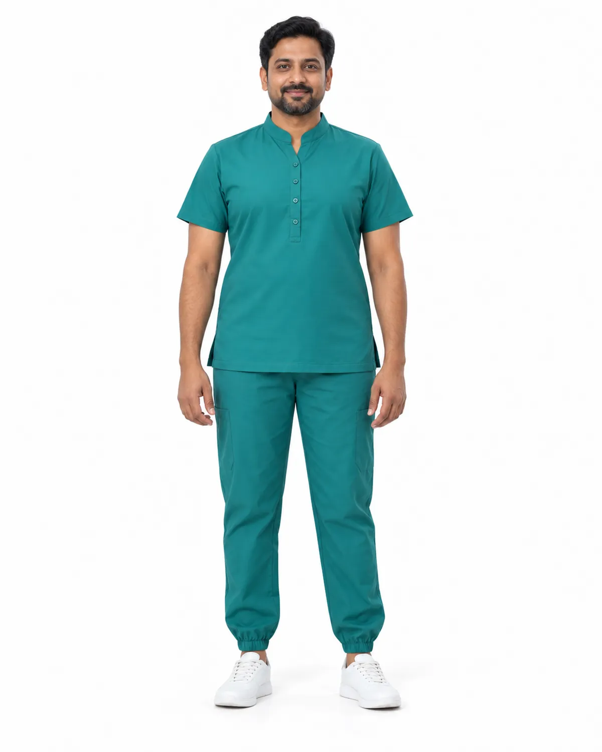 Mandarin Scrubs uniform, Teal, men's front view, Cohorg