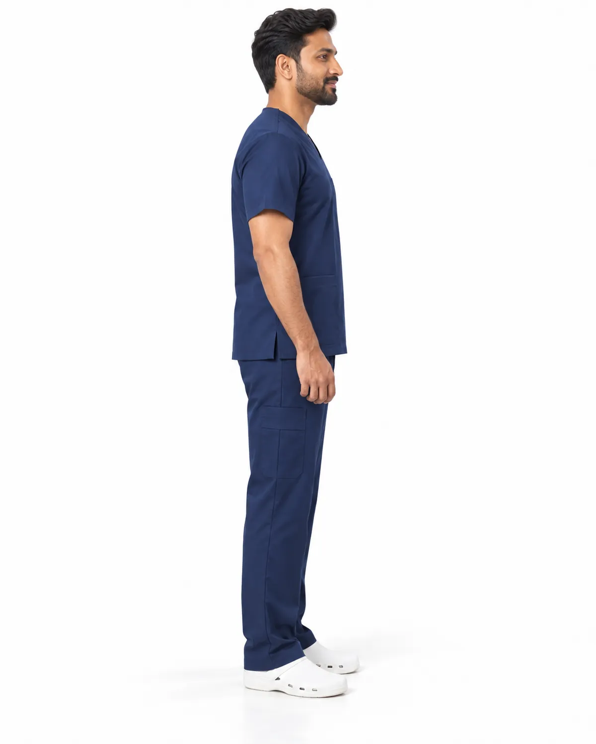 V-Neck Scrubs uniform, Navy, men's side view, Cohorg