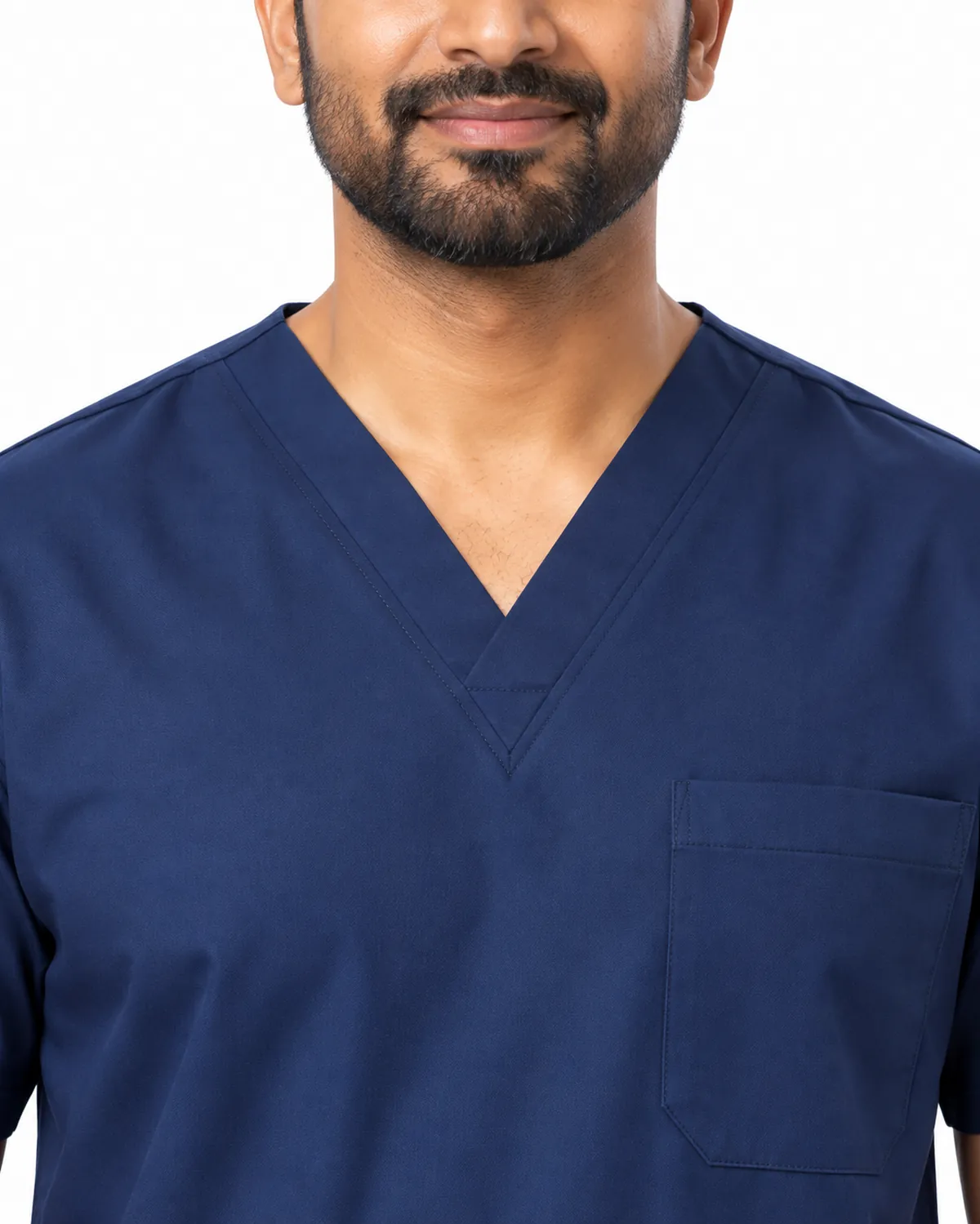 V-Neck Scrubs uniform, Navy, men's collar view, Cohorg
